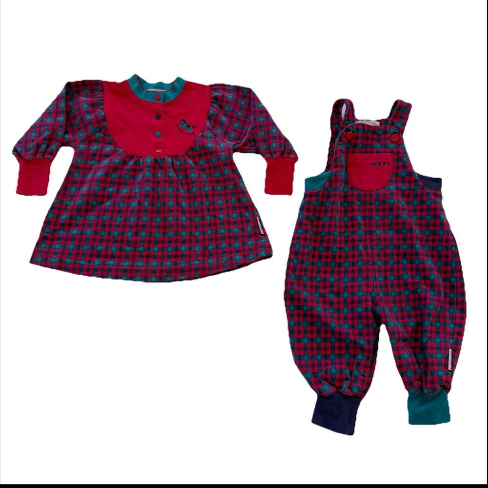 Vtg 90s Gymboree Plaid Red Green Cotton Infant Jumpsuit With Top Rainbow Tag